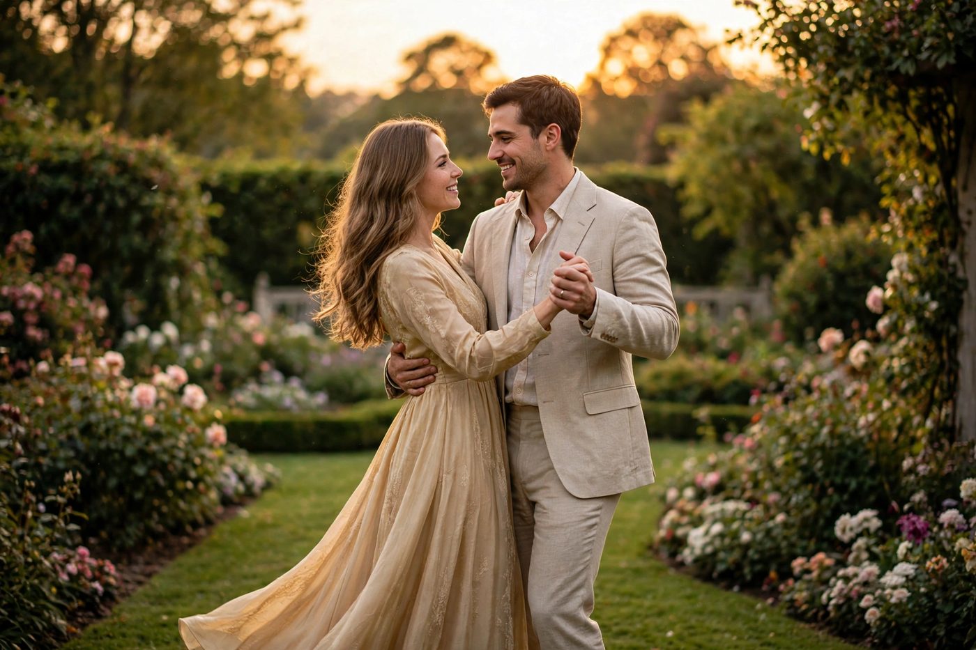 Chloe y Diego bailando en un jardín de rosas